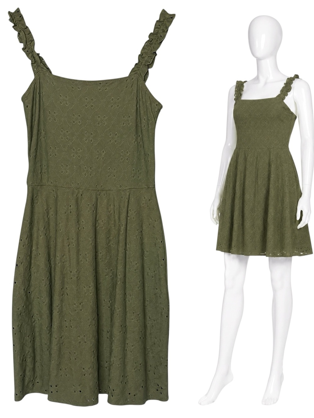 Hollister Olive Green Eyelet Fit & Flare Mini Dress XS | Cottagecore
